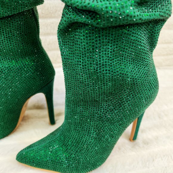 Radiant Emerald Green Rhinestone High Heel Slouch Knee High Boots - Picture 3 of 9